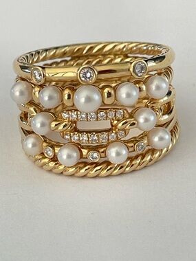 David Yurman 18k Petite Perle Pearl & Diamond Five Row Stax Ring